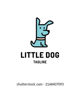 Dog logo design template. Happy sitting puppy logotype, sign and symbol. Animal silhouette label illustration isolated on background. Cute line pet badge for veterinary clinic, pet shop, etc.