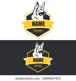Dog logo design vector mockup. Animals Veterinary clinic. Yellow logo with gray dog ​​in the center. Printable logo template