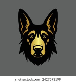 Dog. Logo. German Shepherd. Isolated outlined vector illustration. Silhouette design. For tattoo, t shirt, wall art, mug, label, badge, card, banner. Shepherd head logo. Gold and black. Pet. Animal. 