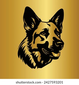 Dog. Logo. German Shepherd. Isolated outlined vector illustration. Silhouette design. For tattoo, t shirt, wall art, mug, label, badge, card, banner. Shepherd head logo. Gold and black. Pet. Animal. 