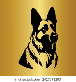 Dog. Logo. German Shepherd. Isolated outlined vector illustration. Silhouette design. For tattoo, t shirt, wall art, mug, label, badge, card, banner. Shepherd head logo. Gold and black. Pet. Animal. 