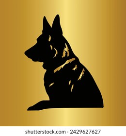 Dog logo. German Shepherd. Isolated outlined vector illustration. Shepherd head logo. Silhouette design. Pet. Animal. For tattoo, t shirt, wall art, mug, label, badge, card, banner.  Black and gold. 
