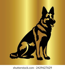 Dog logo. German Shepherd. Isolated outlined vector illustration. Shepherd head logo. Silhouette design. Pet. Animal. For tattoo, t shirt, wall art, mug, label, badge, card, banner.  Black and gold. 
