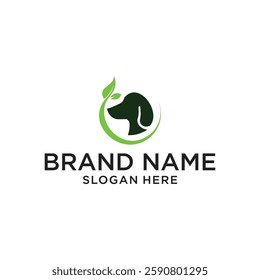 Dog Logo With  Leaf logo design template. Illustration, Pet Icon Logo.