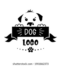 Dog logo with place for text or quote. Vector dog face silhouette isolated on whote. Puppy portrait with paw print. Cute dog name tag.