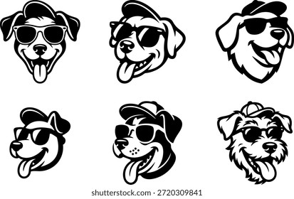dog logo set with sunglasses, cool pet head mascot black and white vector, modern dog head logos, Trendy Pet Mascot