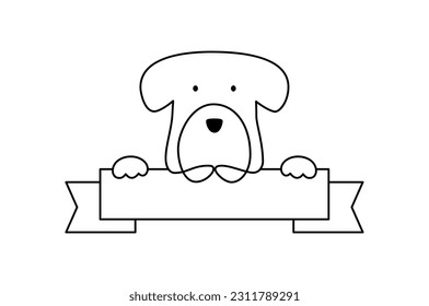 Dog logo shop holding a white blank board, card or banner. Hand drawn monoline vector illustration with place for text. Children book, birthday or greeting card