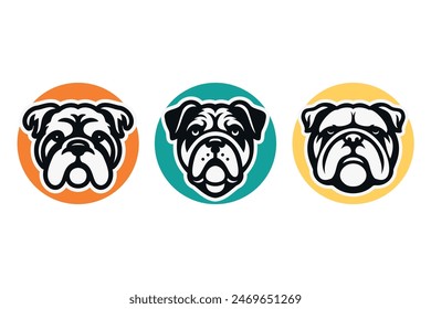 Dog logo template. Bulldog silhouette head in round shape. Illustration icon design on vector white background. For brand, animal pet, t-shirt, dog club, pet shop, grooming, training, dog lover