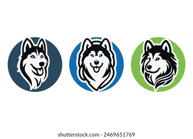 Dog logo template. Siberian husky dog silhouette head in round shape. Illustration icon design on vector white background. For brand, animal pet, t-shirt, dog club, pet shop, grooming, dog lover