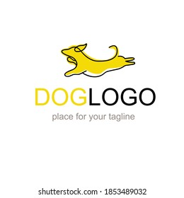 Dog logo in vector. Vector color icon with jumping dog isolated on white background.