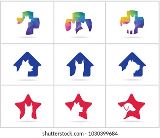 Dog logos set design, pet and animal health and care hospital vector icons, low poly dogs in medical cross, star and home illustration.