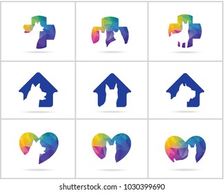 Dog logos set design, pet and animal health and care hospital vector icons, low poly dogs in medical cross, star and home illustration.