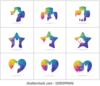 Dog logos set design, pet and animal health and care hospital vector icons, low poly dogs in medical cross, star and home illustration.