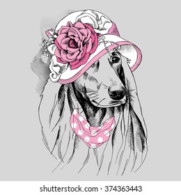 Dog with long ears in a Summer hat with pink flower. Vector illustration.