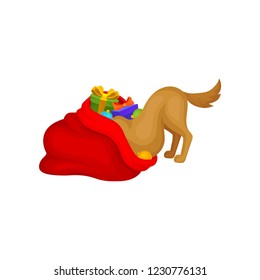 Dog looking for his holiday present. Bright red bag with Christmas gifts. Home pet. Flat vector icon