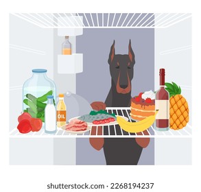 Perro mirando dentro del frigorífico ilustración vectorial plana de dibujos animados. Un animal doméstico hambriento buscando comida. С comida para robar mascota del frigorífico