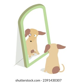 A dog is looking at itself in the mirror flat colored illustration in cartoon style.  Colored flat vector isolated on white background. Collection of cute pets. Love your pet day.