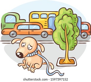 A dog is lost in a busy city street, colorful vector illustration