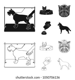 A dog in a lounger , a muzzle of a pet, a bowl with a feed, a sheepdog with a ball in his teeth. Pet ,dog care set collection icons in black,outline style vector symbol stock illustration web.