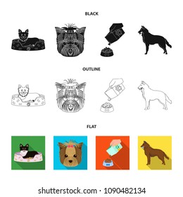 A dog in a lounger , a muzzle of a pet, a bowl with a feed, a sheepdog with a ball in his teeth. Pet ,dog care set collection icons in black,flat,outline style vector symbol stock illustration web.