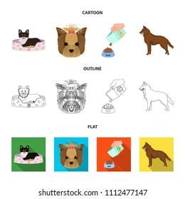 A dog in a lounger , a muzzle of a pet, a bowl with a feed, a sheepdog with a ball in his teeth. Pet ,dog care set collection icons in cartoon,outline,flat style vector symbol stock illustration web.