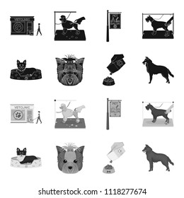 A dog in a lounger , a muzzle of a pet, a bowl with a feed, a sheepdog with a ball in his teeth. Pet ,dog care set collection icons in black,monochrome style vector symbol stock illustration web.
