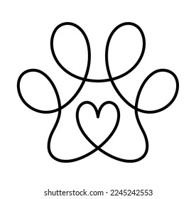 El amor del perro o el gato pisan y el corazón en el logo continuo de un dibujo de una línea. Arte de línea mínima. Animal en el corazón. A las mascotas les encanta el concepto de monolina.