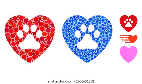 Dog love heart composition of round dots in variable sizes and color hues, based on dog love heart icon. Vector dots are united into blue composition.