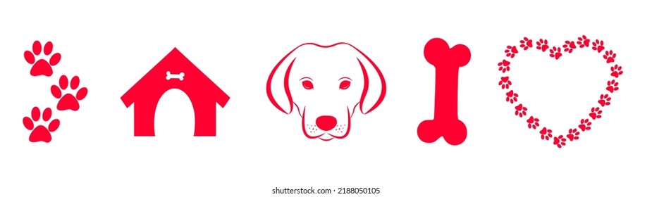 Dog Love Heart With Cute Puppy Face And Dog Paw In Heart Shape, Bone, Dog Kennel House Vector Illustration Set. Best Used For Pet Care, Dog Lovers, Pet-friendly Logo.	
