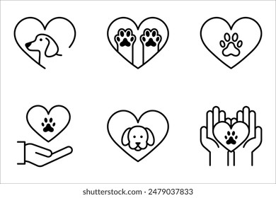 Corazón del amor del perro con el sistema lindo del icono de la cara del perrito. Ilustración vectorial sobre fondo blanco. mejor utilizado para el cuidado de la mascota,