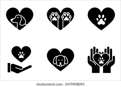 Corazón del amor del perro con el sistema lindo del icono de la cara del perrito. Ilustración vectorial sobre fondo blanco. mejor utilizado para el cuidado de la mascota,