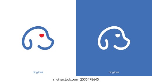 Diseños del logotipo del amor del perro. Cabeza de perro y amor como ojo con estilo de contorno lineal. Logotipo del cuidado del animal doméstico, icono, símbolo, Vector, Inspiración del diseño.