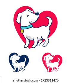 ilustración vectorial del logotipo de amor de perro. lindo perro blanco y símbolo de corazón rojo con variaciones de color