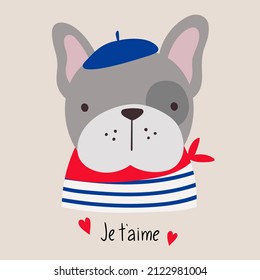 Dog love paris. French style dog. Vector illustration cartoon dog dressed in French style in beret. Good for posters, t shirts, postcards.