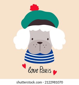 Dog love paris. French style dog. Vector illustration cartoon dog dressed in French style in beret. Good for posters, t shirts, postcards.