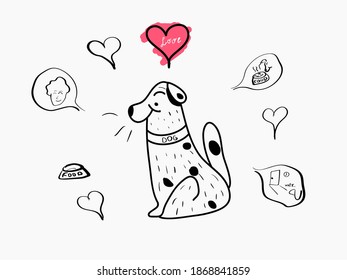 Dog love vector illustration design in doodle style, hand drawn canine pedigree with pet thoughts. Beatiful isolated puppy on white background with black outlines, cute mammal vector