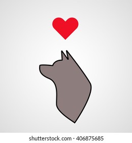 Dog love, wolf love, dog face with red heart above vector icon,  silhouette sign, pet symbol