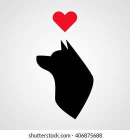 Dog love, wolf love, dog face with red heart above vector icon,  silhouette sign, pet symbol