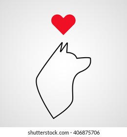 Dog love, wolf love, dog face with red heart above vector icon,  silhouette sign, pet symbol