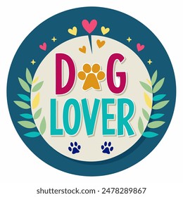 Dog Lover Badge with Paw Prints and Hearts Vector Illustration in teal and pink colors