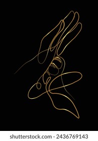 Dog lover. Continuous line drawing of dog paw and men hand. Dog paw and human hand art. Dog vector art illustration. One line drawing. Concept love for animals. Gold isolated on black background.