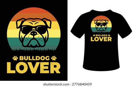 Dog lover graphic design featuring cute bulldog wearing shades inside sunset circle.