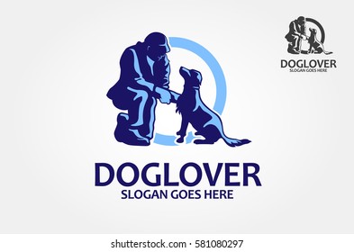 Dog Lover Vector Logo Template. Vector silhouette of people with dog on a white background. Vector logo illustration.