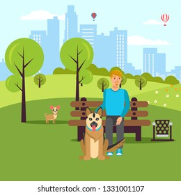 Dog Lover Walk in Park Vector Flat Illustration. Cartoon Character Pet Owner and Dogs in Garden. Animals and Human Relationship. Man, Alsatian Dog, Purse Dog, Bench. Color Cityscape Backdrop