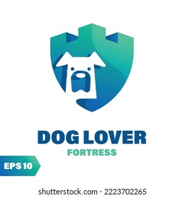 Dog lovers coated fort logo design. Abstract medieval composition, isolated on a white background.