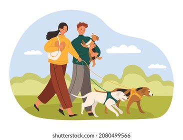 Dog lovers couple concept. Young man and woman walk with fluffy puppies in park. Happy family with pets. Characters take care of animals and love them. Cartoon modern flat vector illustration