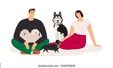 Dog lovers. Couple with pets. Flat woman man and dogs characters, vector illustration