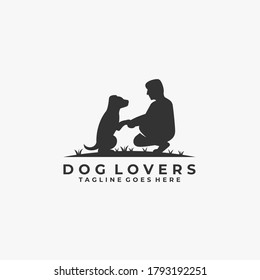 Dog Lovers With Man Silhouette Illustration Vector Logo.