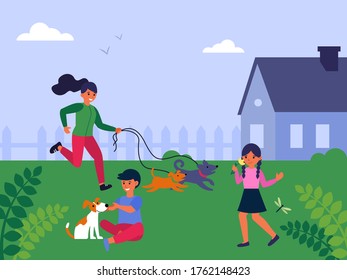Dog lovers and pet owners people. Woman walking dog, children playing with pet in garden flat vector illustration. Animal care concept for banner, website design or landing web page
