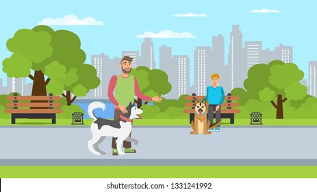 Dog Lovers Walk Flat Color Vector Illustration. Cartoon Character Pet Owners and Animals in City. Pet and Human Friendship. Men, Alsatian Dog, Husky, Bench. Horizontal Townscape Background